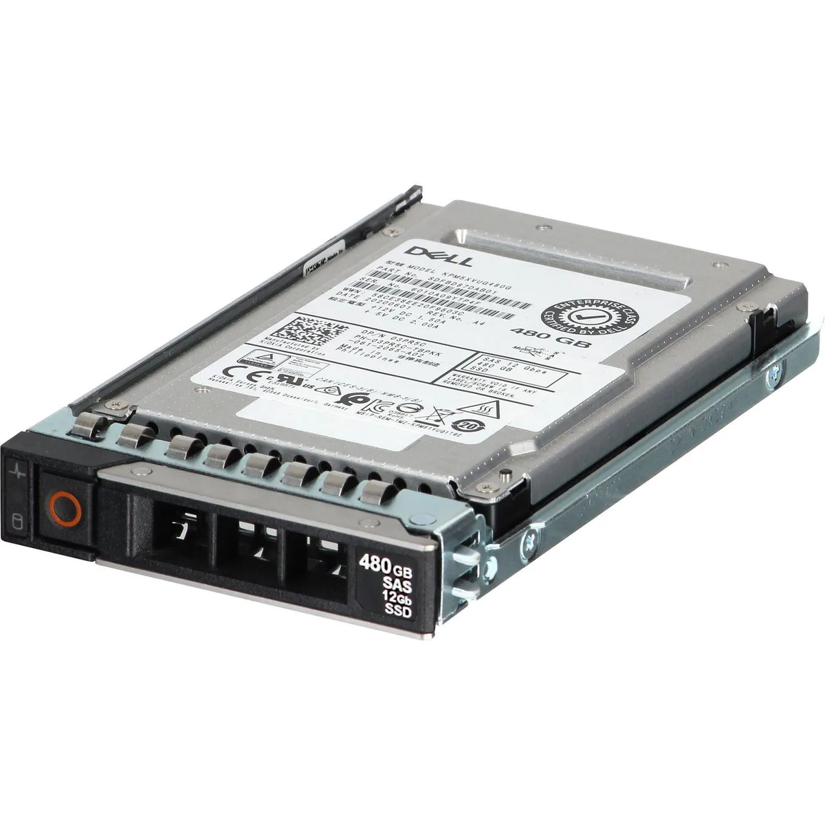 A 2.5 inch enterprise SSD with a silver metal casing and SAS connector visible