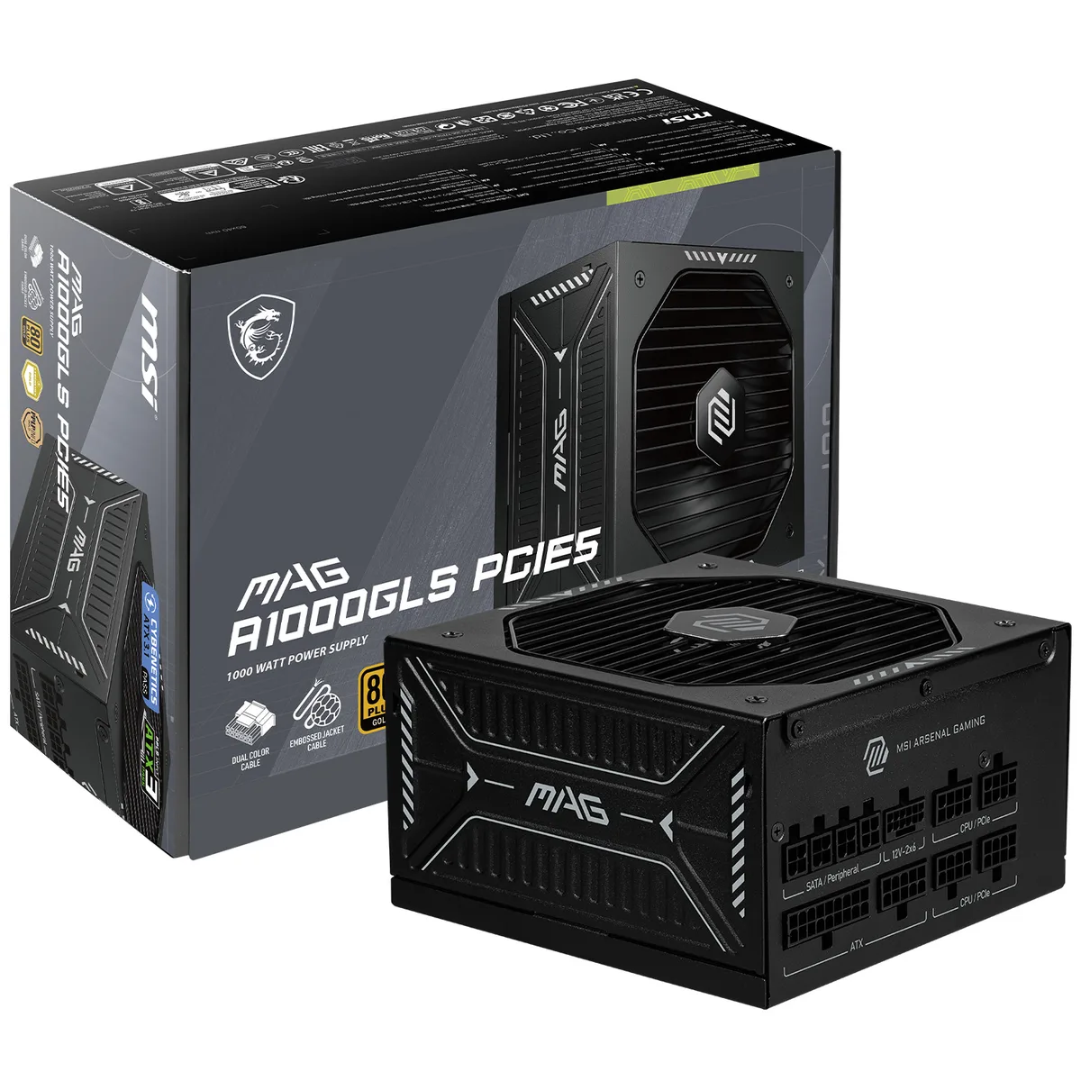 Black rectangular ATX power supply with yellow 12V-2x6 cable and 135mm fan