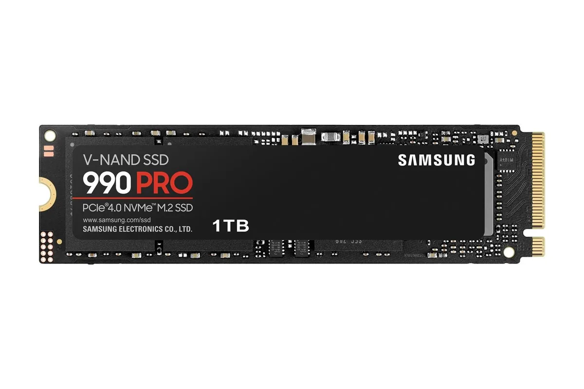 Samsung 990 Pro M.2 1000 GB internal SSD, thin green circuit board with black controller and label