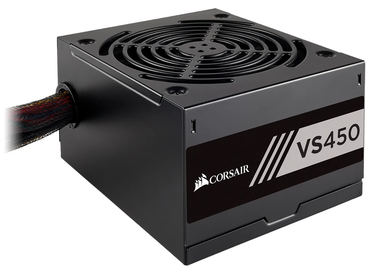 Black rectangular ATX power supply with 120 mm fan and sleeved cables