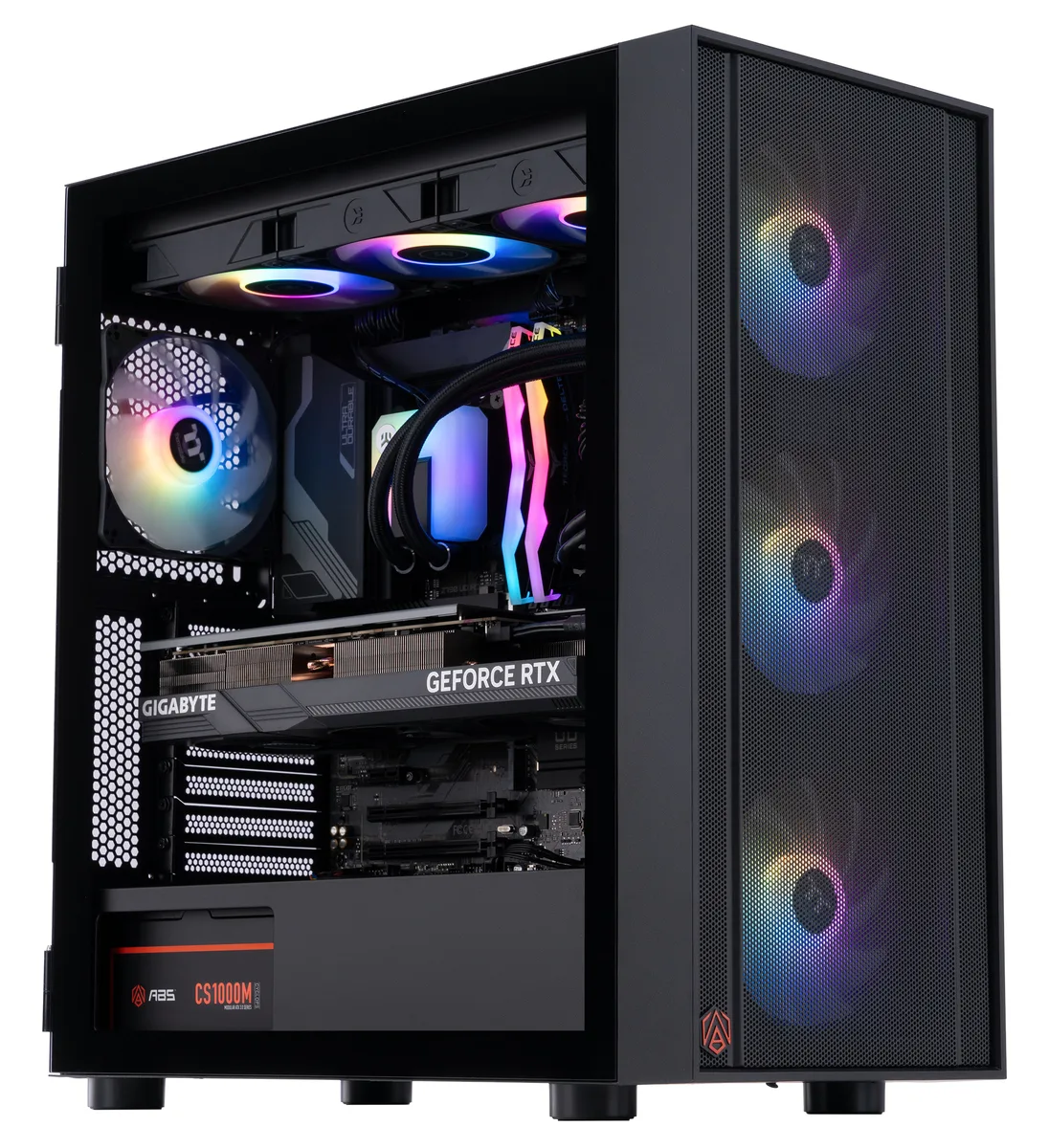 Black mid-tower gaming desktop with RGB liquid cooler and graphics card
