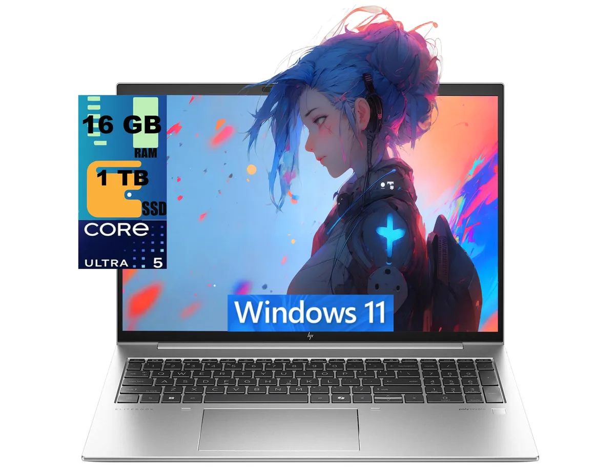 Silver 16-inch laptop, slim profile, matte finish, backlit keyboard visible