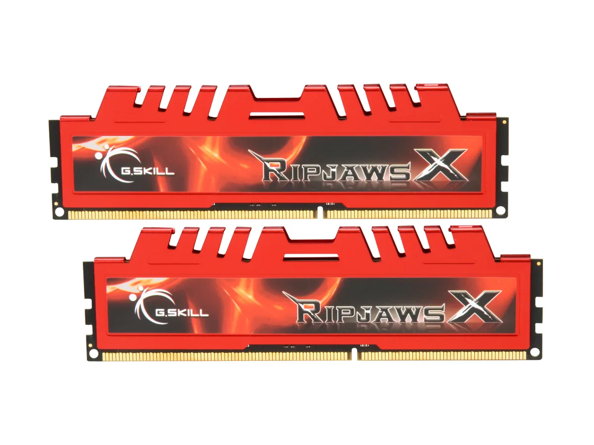 Two red DDR3 modules with finned heat spreaders