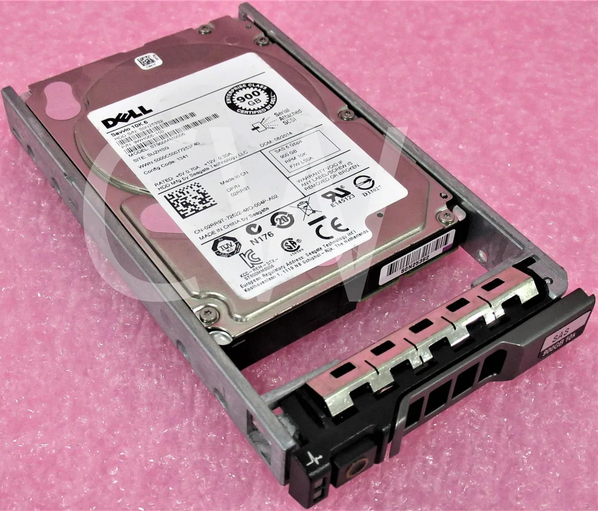 A 2.5 inch SAS hard drive in a black server caddy