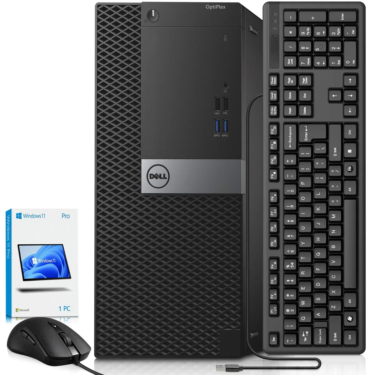 Black Dell OptiPlex 5040 tower desktop with keyboard, mouse and Wi-Fi adapter