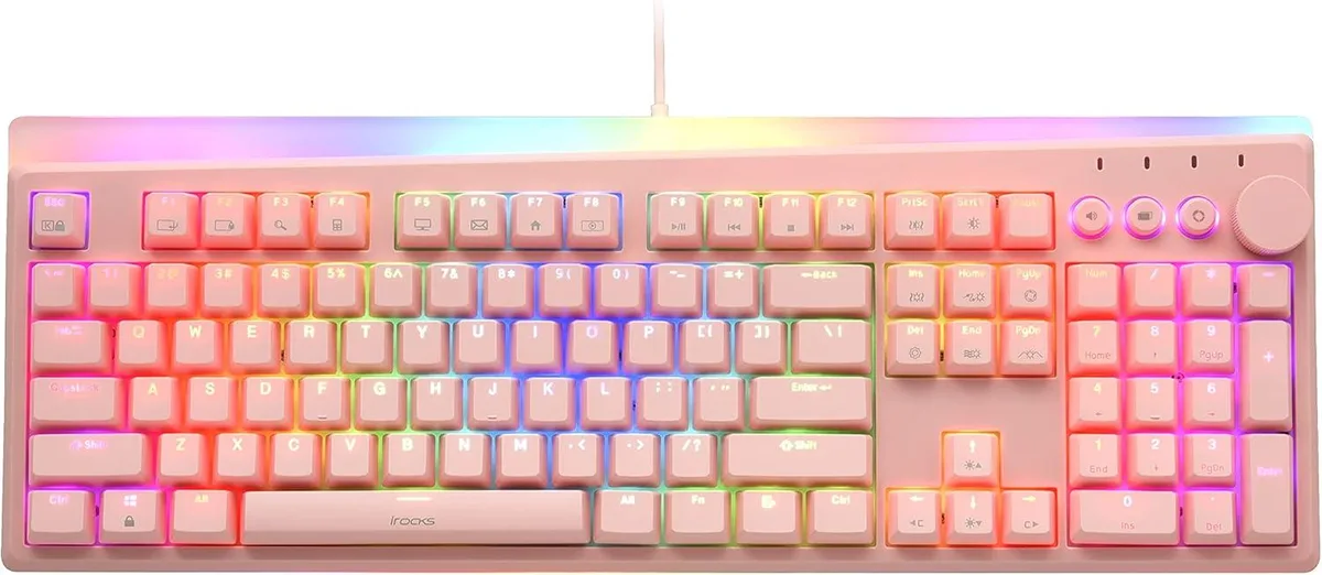 Pink full-size mechanical keyboard with media knob and PBT keycaps