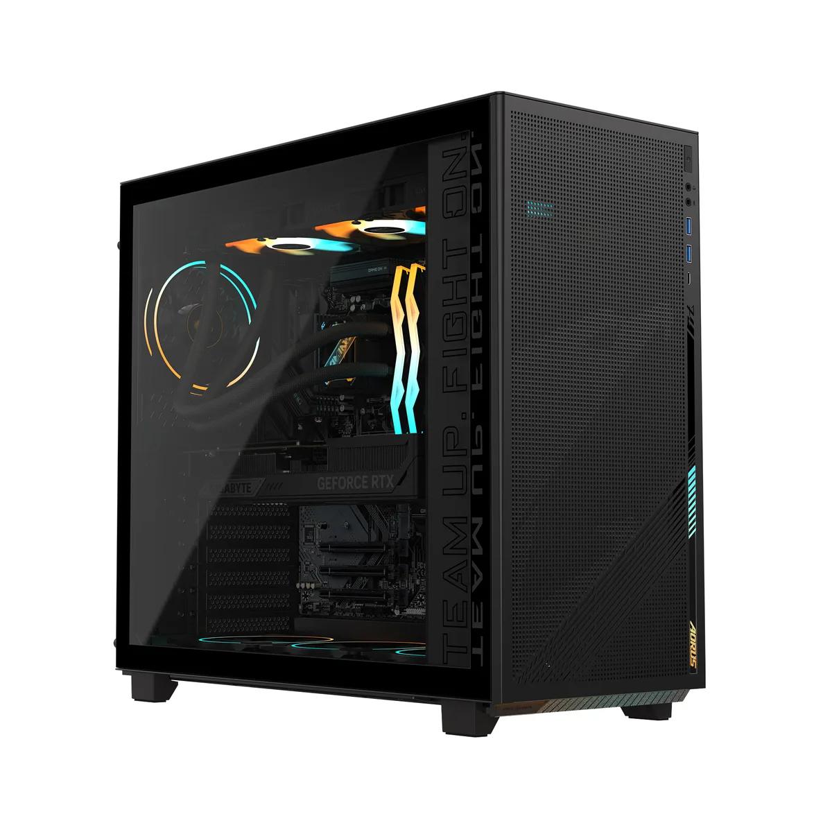 A black mid-tower gaming desktop with a side glass panel and RGB lighting visible inside