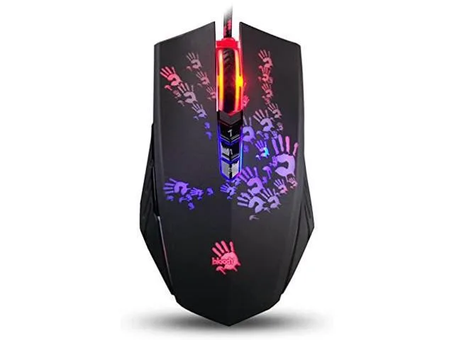 Black right-handed gaming mouse with angular side grips and metal feet