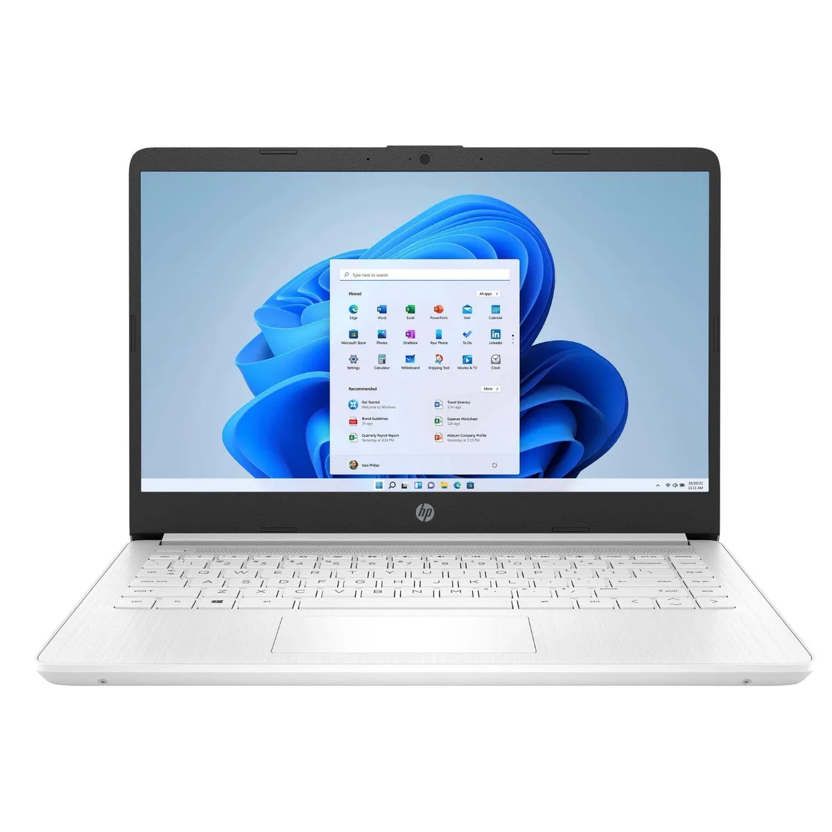 White 14 inch laptop with matte finish and full-size keyboard
