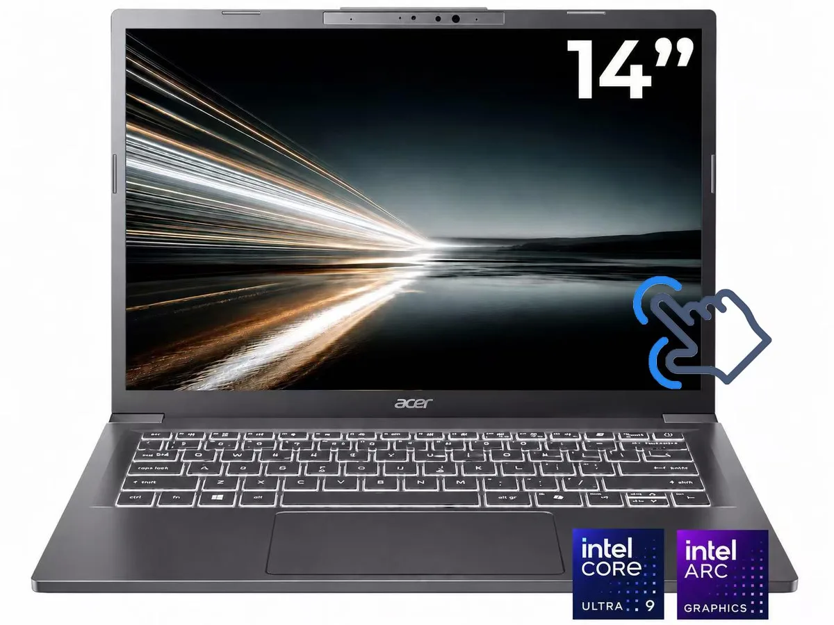 Gray 14-inch touchscreen laptop with slim profile and matte finish