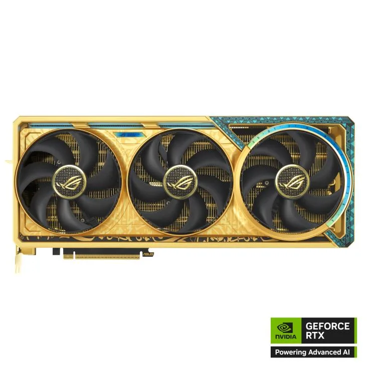 Gold-finished triple-fan graphics card with ROG Astral branding