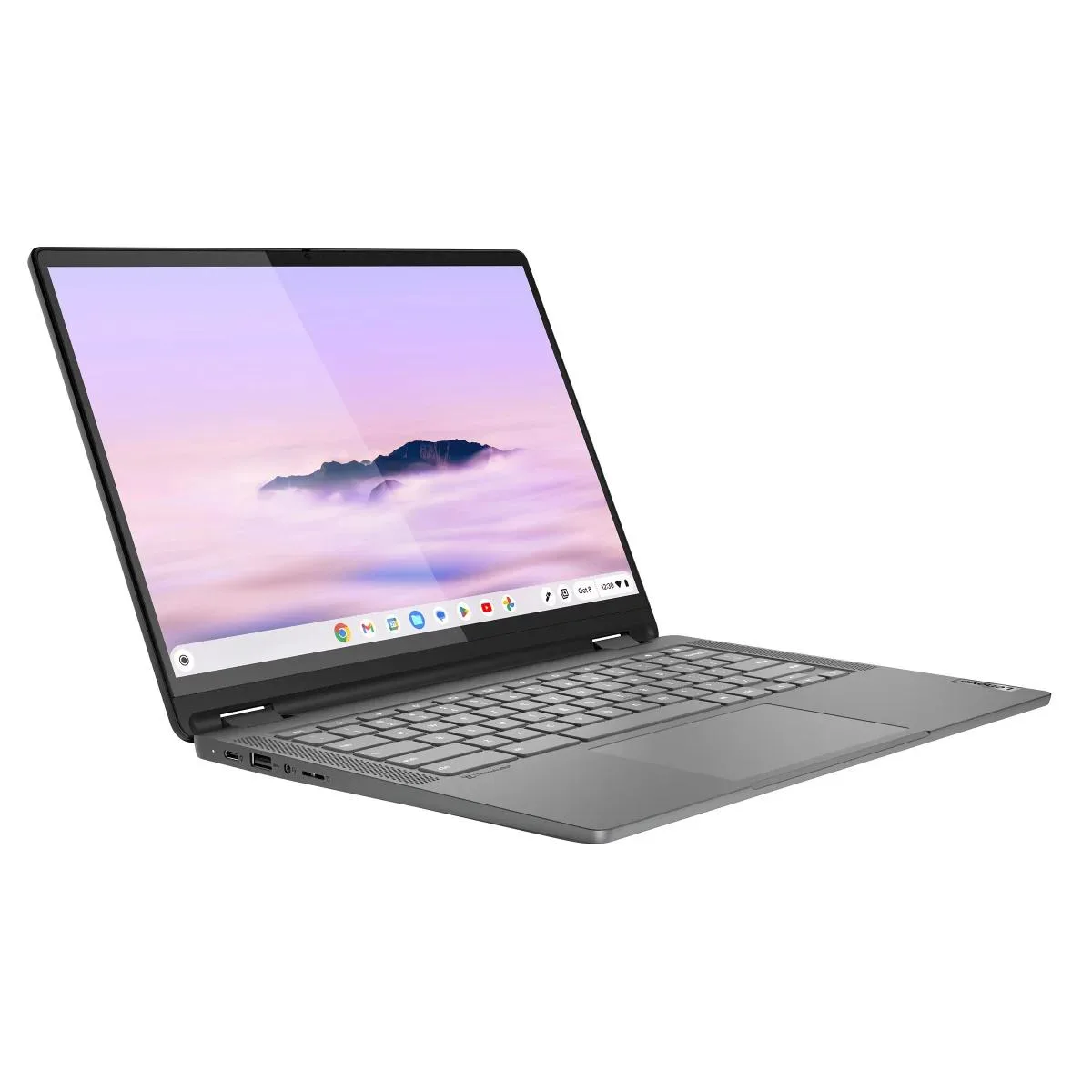 Silver 14-inch convertible laptop with touchscreen, backlit keyboard and privacy shutter