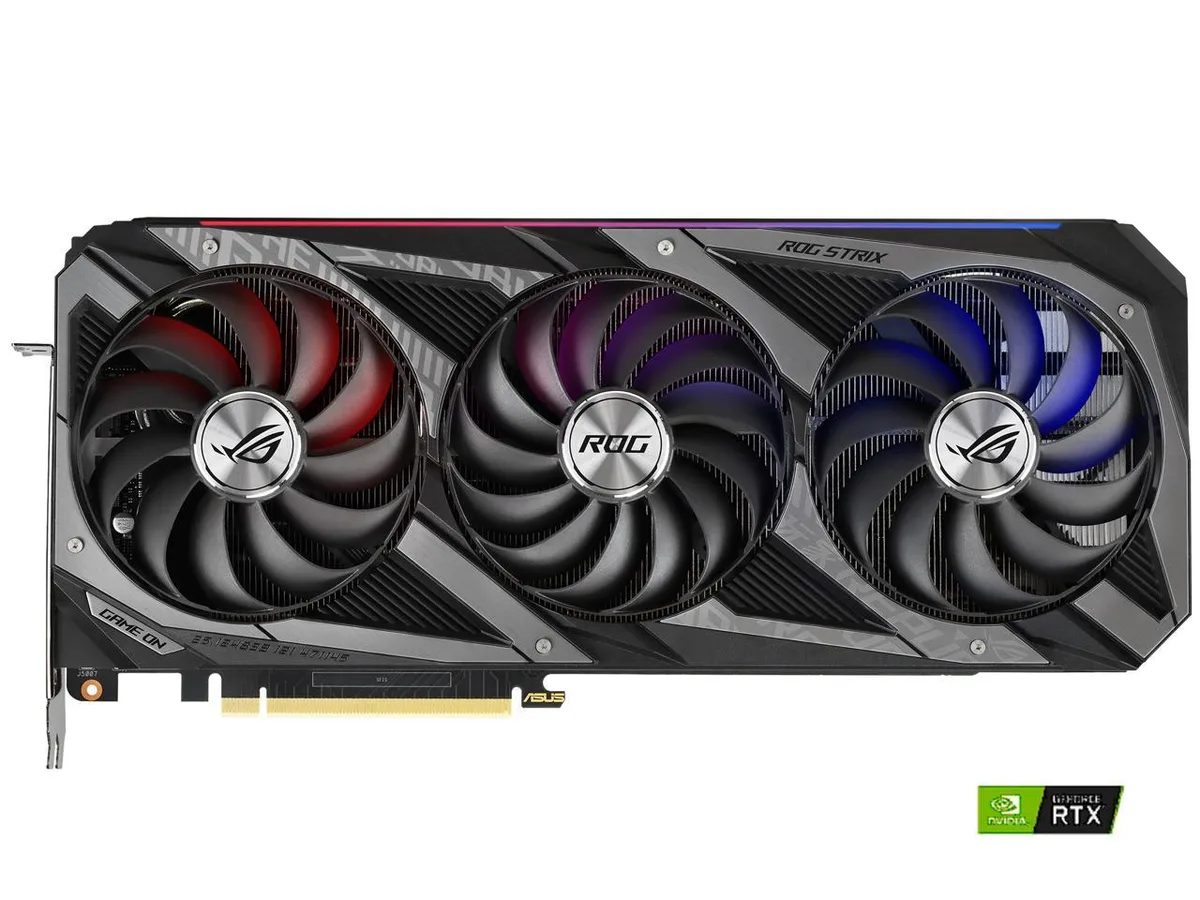 ASUS ROG Strix RTX 3090 graphics card with triple-fan cooler and metal backplate