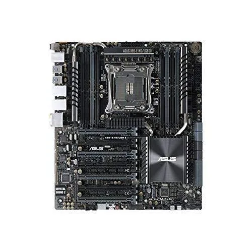 ASUS X99-E WS motherboard, black PCB with silver heatsinks, EATX form factor