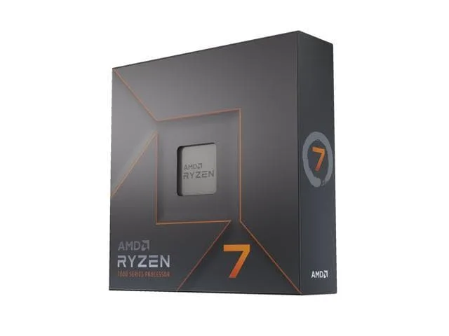 Square green ceramic chip with gold contacts and silver heatspreader reading Ryzen 7 7700X