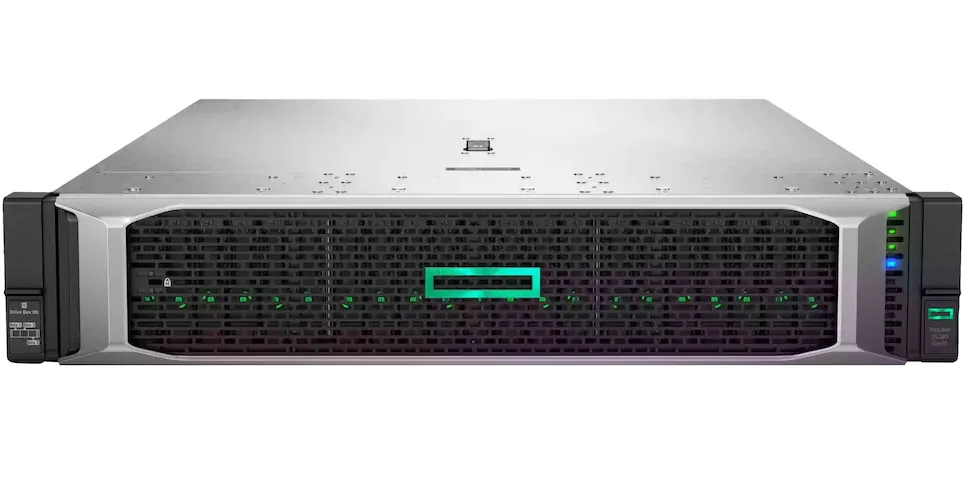 Silver 2U rack server front panel with eight drive bays and power button