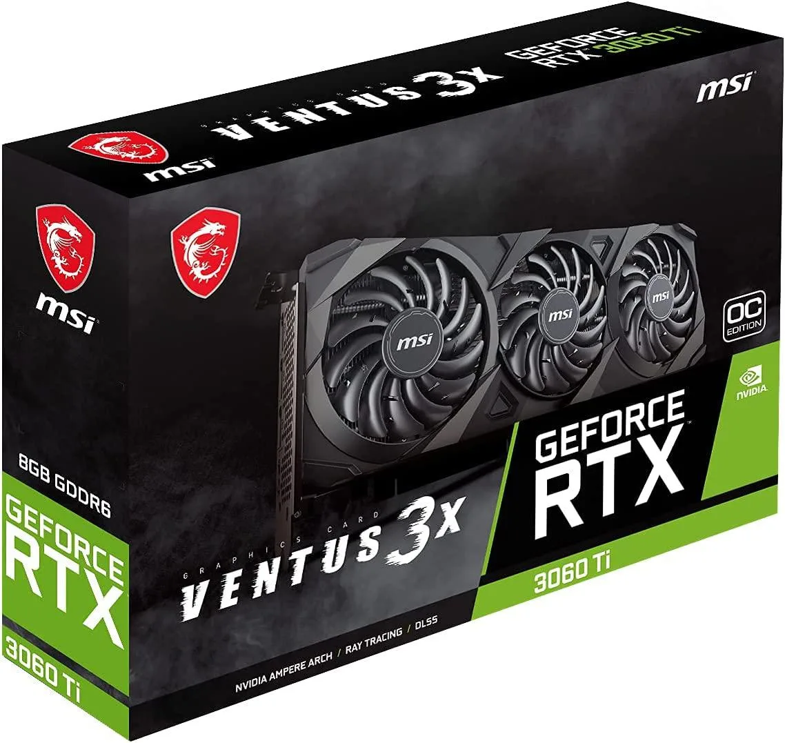 MSI GeForce RTX 3060 Ti Ventus 3X 8G OC LHR triple-fan graphics card in dark finish