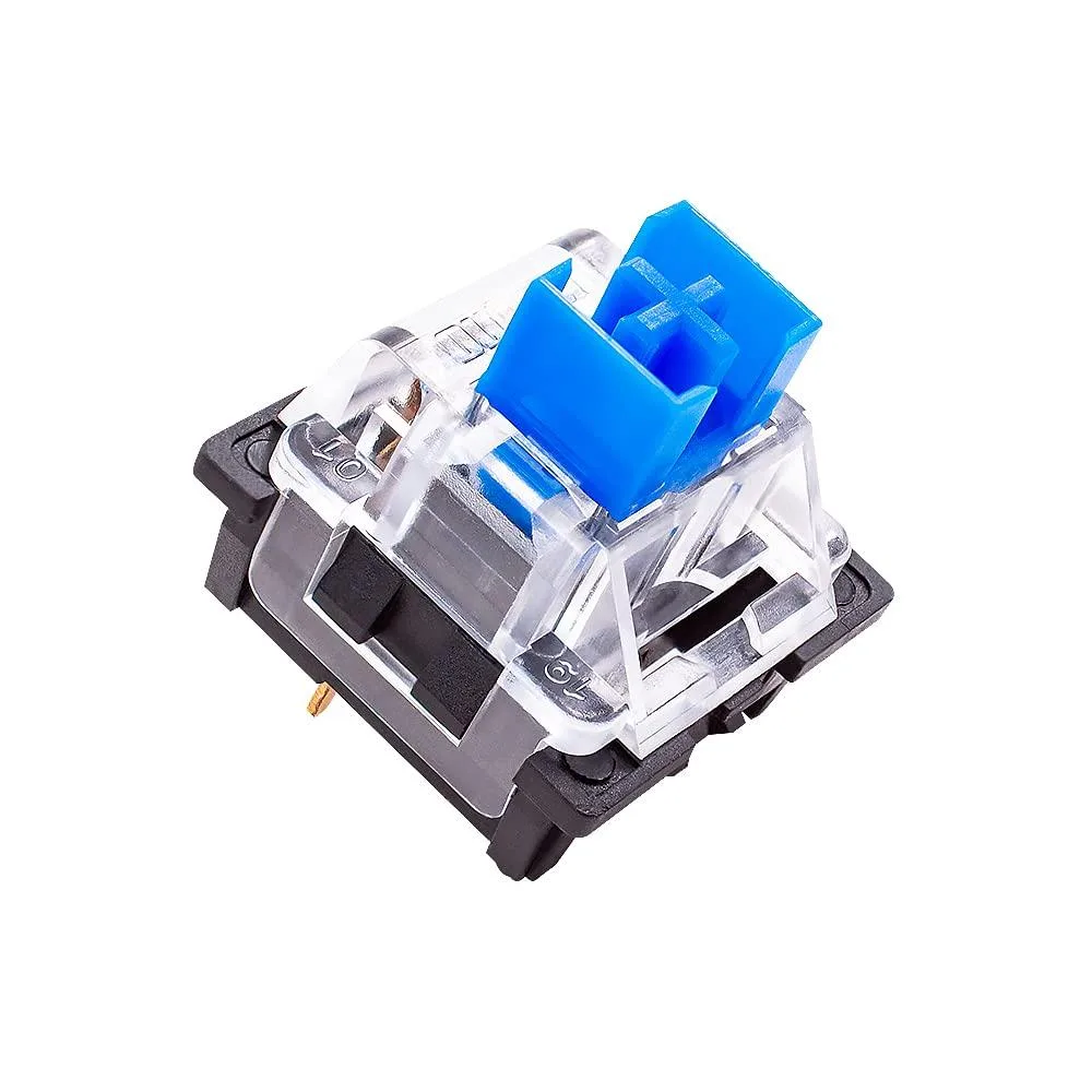 Blue clicky mechanical switches in a clear plastic box with a puller tool