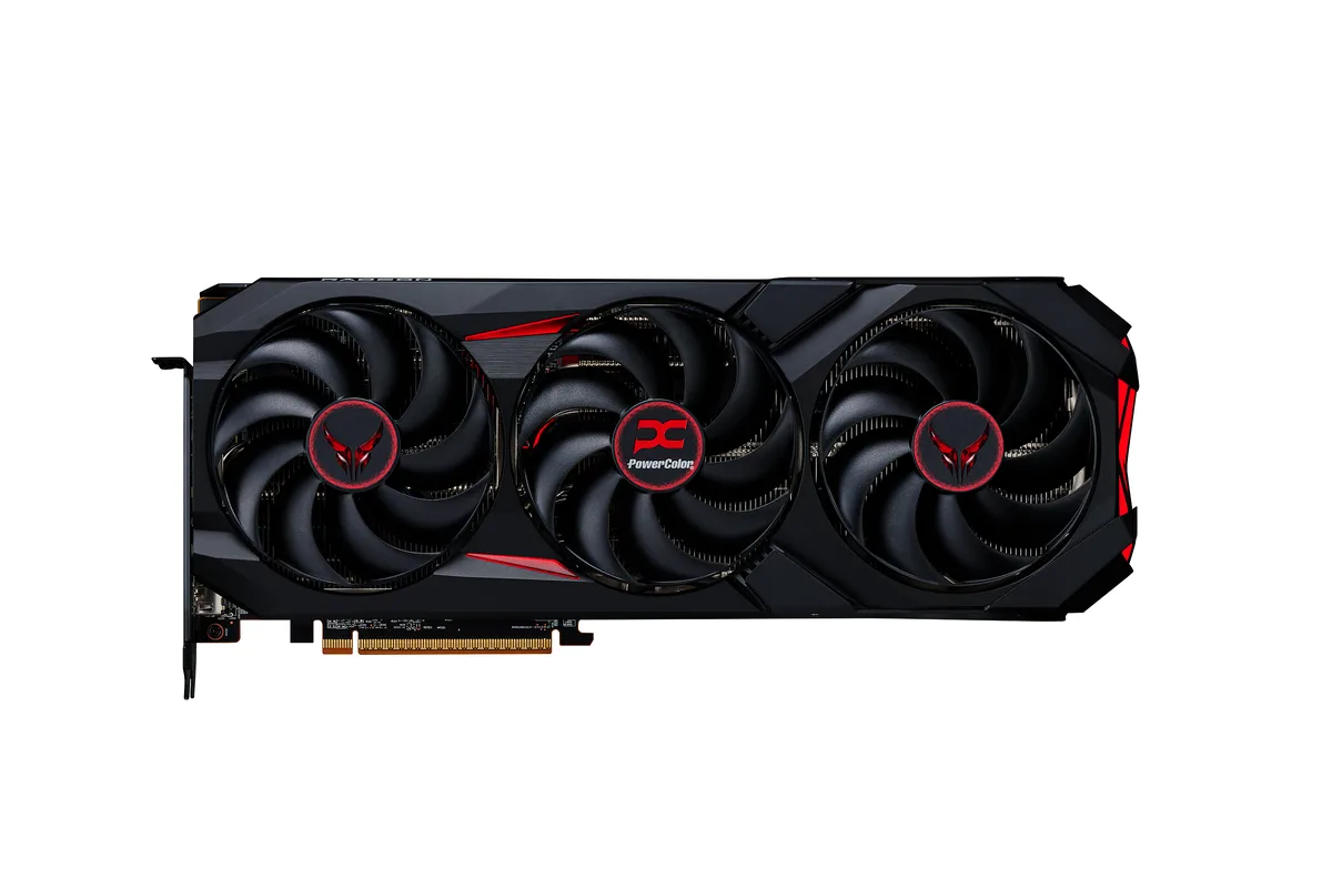 Black triple-fan graphics card, three-slot design, silver backplate visible