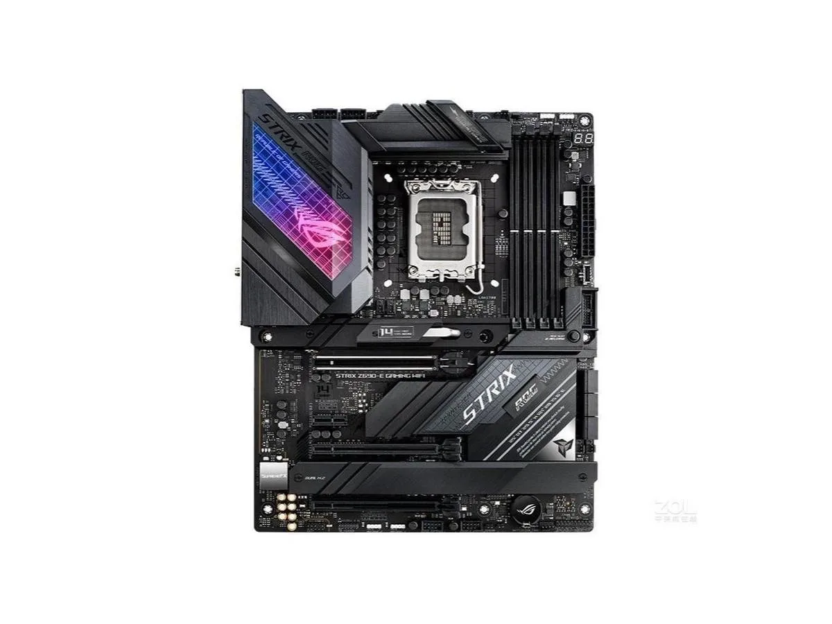 Black ATX motherboard with silver heatsinks and ROG branding