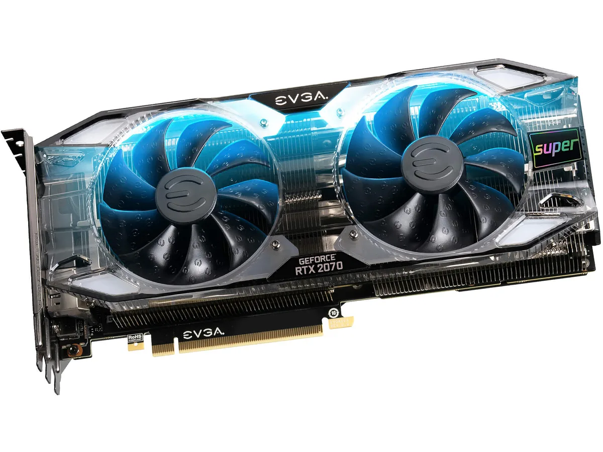 EVGA RTX 2070 SUPER XC ULTRA+ graphics card, silver dual-fan cooler with metal backplate, 2.75-slot PCIe 3.0 form factor
