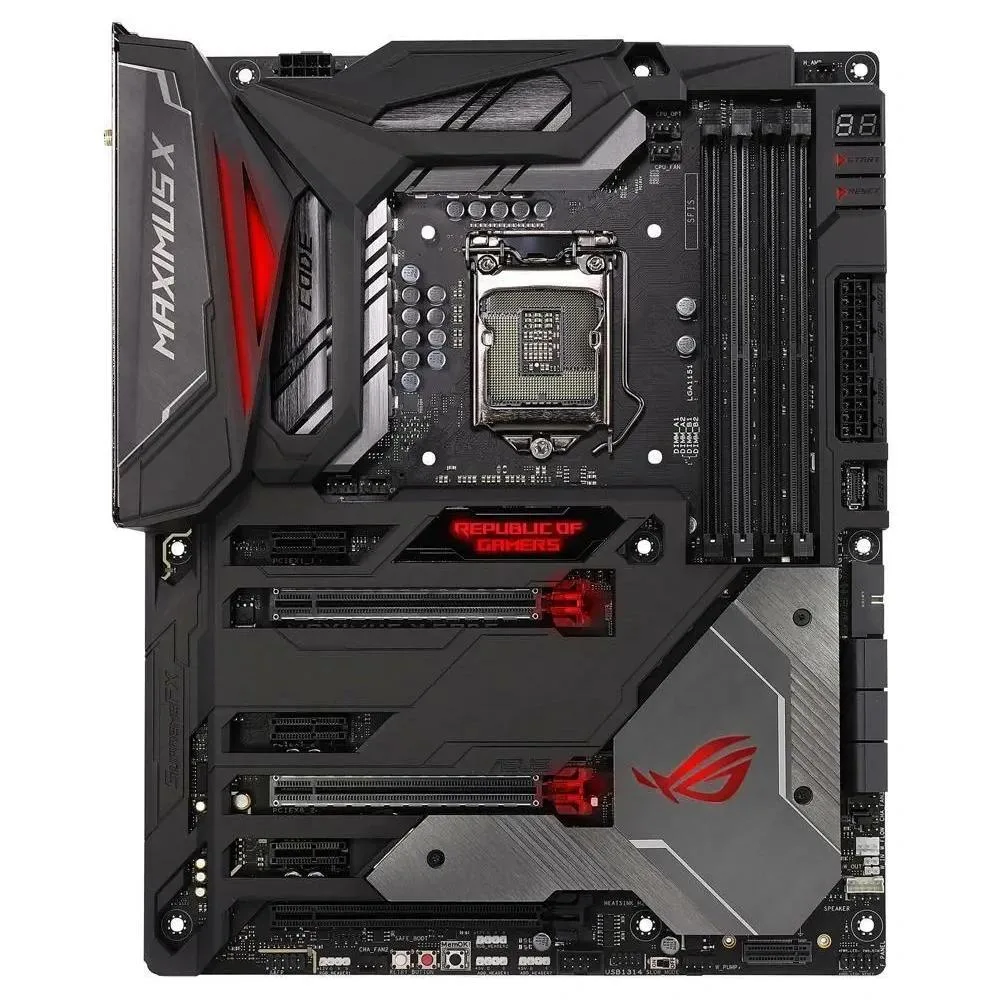ATX motherboard with dark metallic heatsinks and LGA 1151 socket