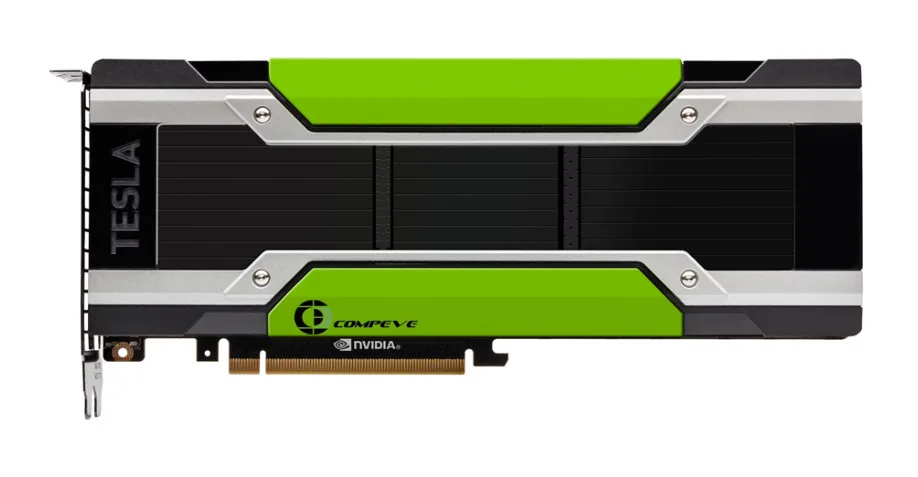A full-length PCIe graphics card with four GPUs, 32 GB GDDR5 memory and a passive silver heatsink