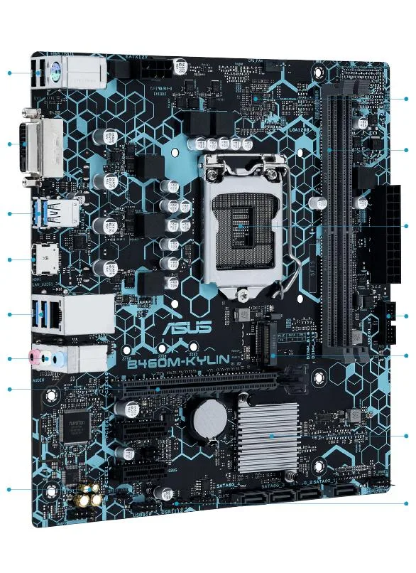 ASUS B460M-KYLIN Micro ATX motherboard, dark PCB with silver heatsinks and LGA 1200 socket