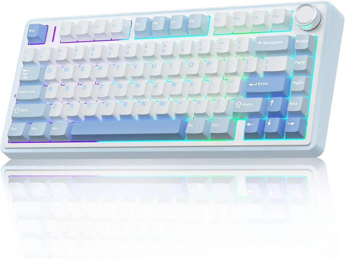 Compact 75 percent wireless mechanical keyboard in salt white and blue finish