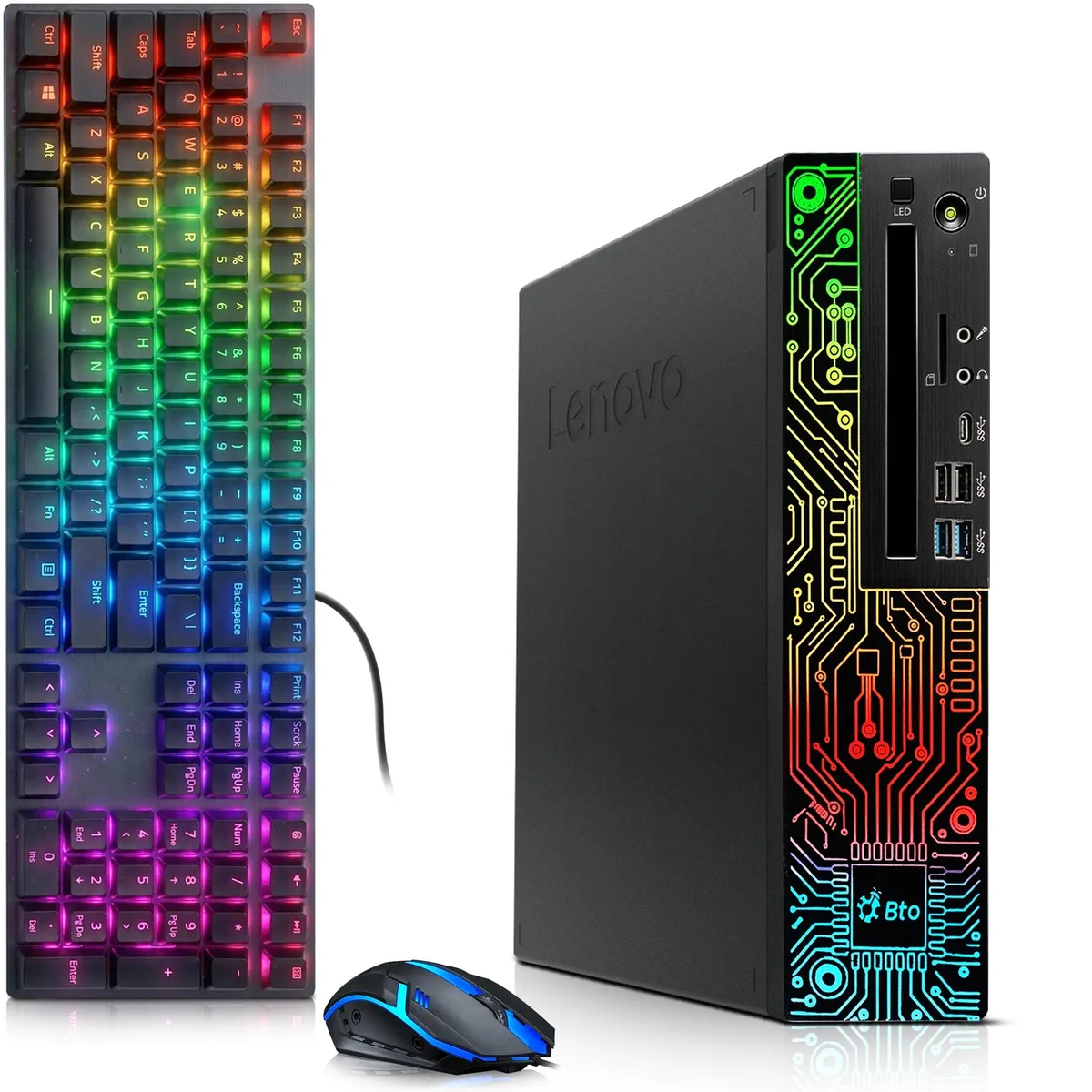 Small black tower PC with front RGB lighting, keyboard and mouse