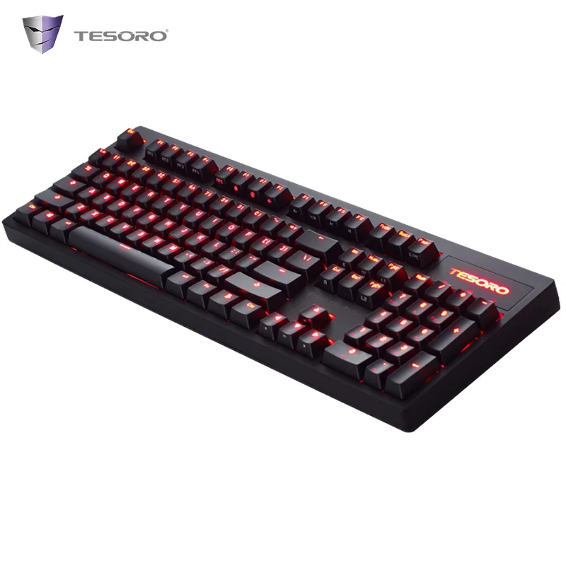 Black mechanical gaming keyboard with red LED backlighting, USB wired, compact rectangular shape