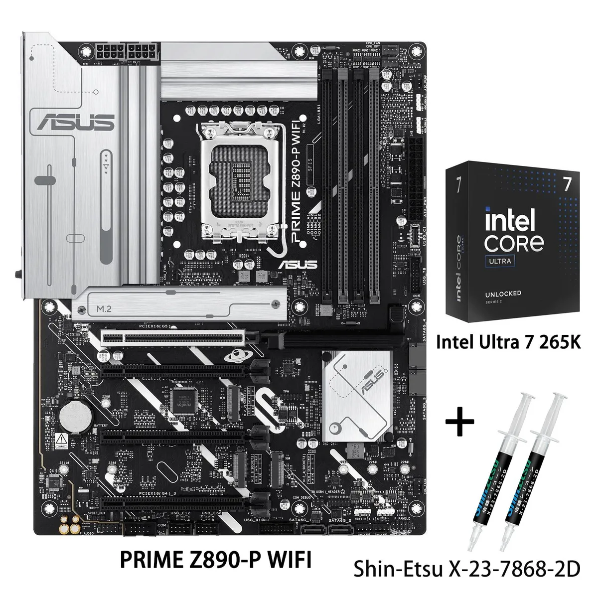 ATX motherboard in silver and black with large VRM heatsinks, four DDR5 slots, multiple M.2 shields, rear I/O shield