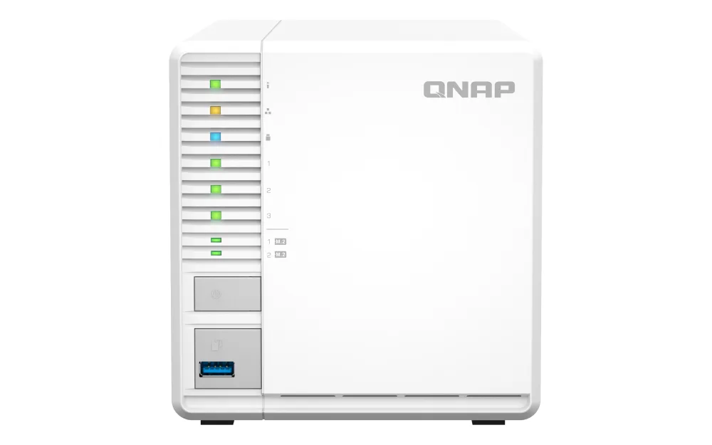 Compact three-bay desktop NAS in dark finish with front drive bays and top ventilation grille