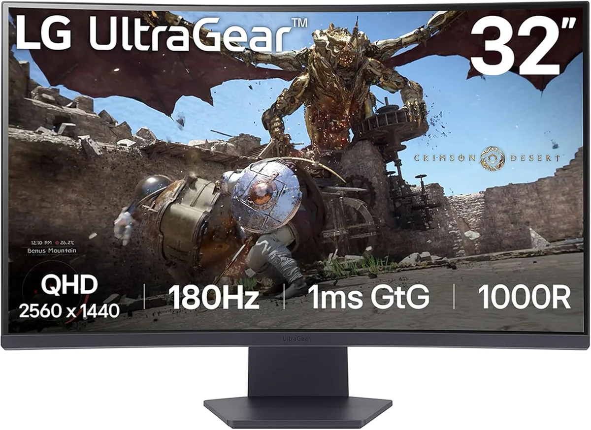 32 inch curved gaming monitor, dark matte finish, thin bezels, tilt stand