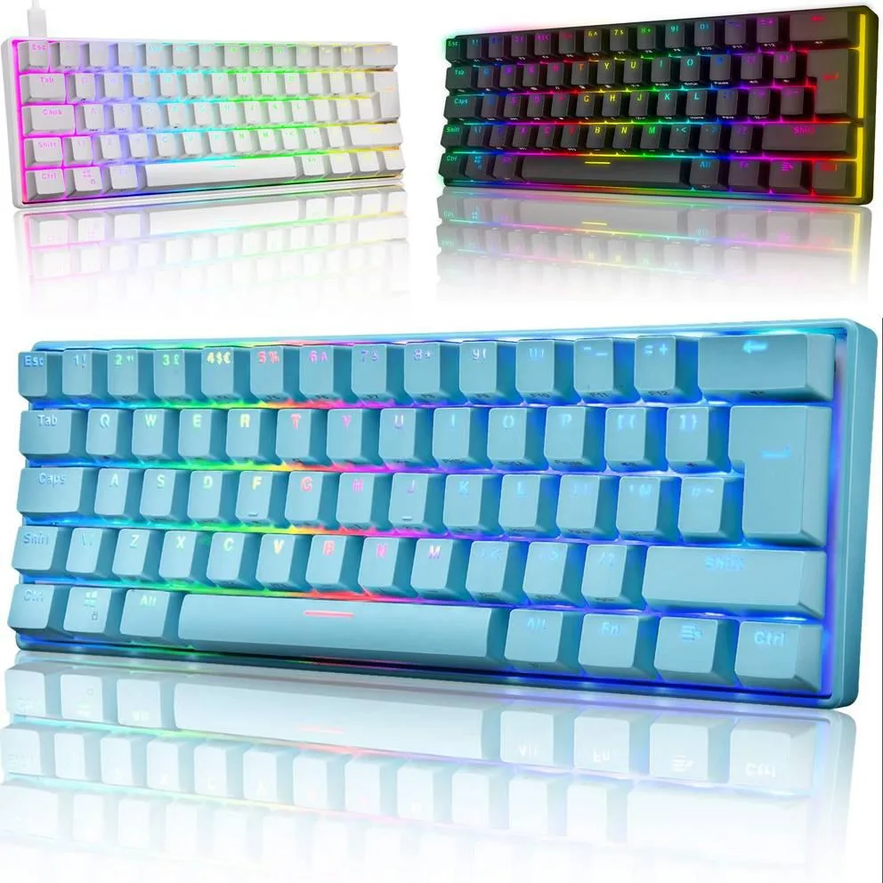 Compact 61-key wired mechanical keyboard in blue with RGB backlighting