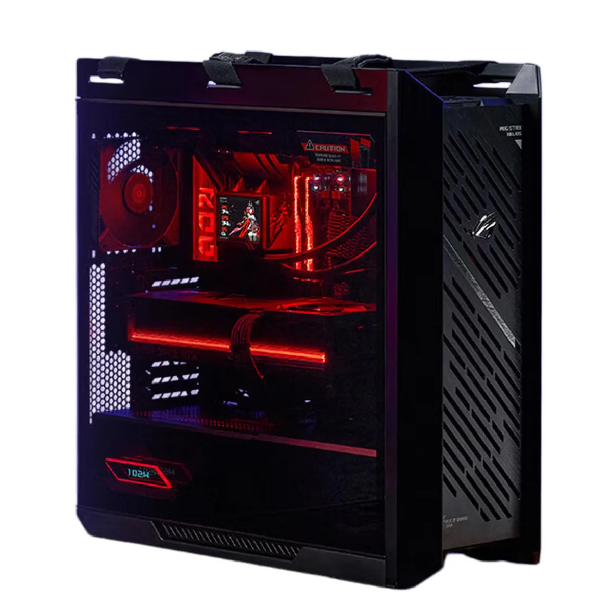 Black mid-tower case with aluminium grille front and tempered glass front and side panels