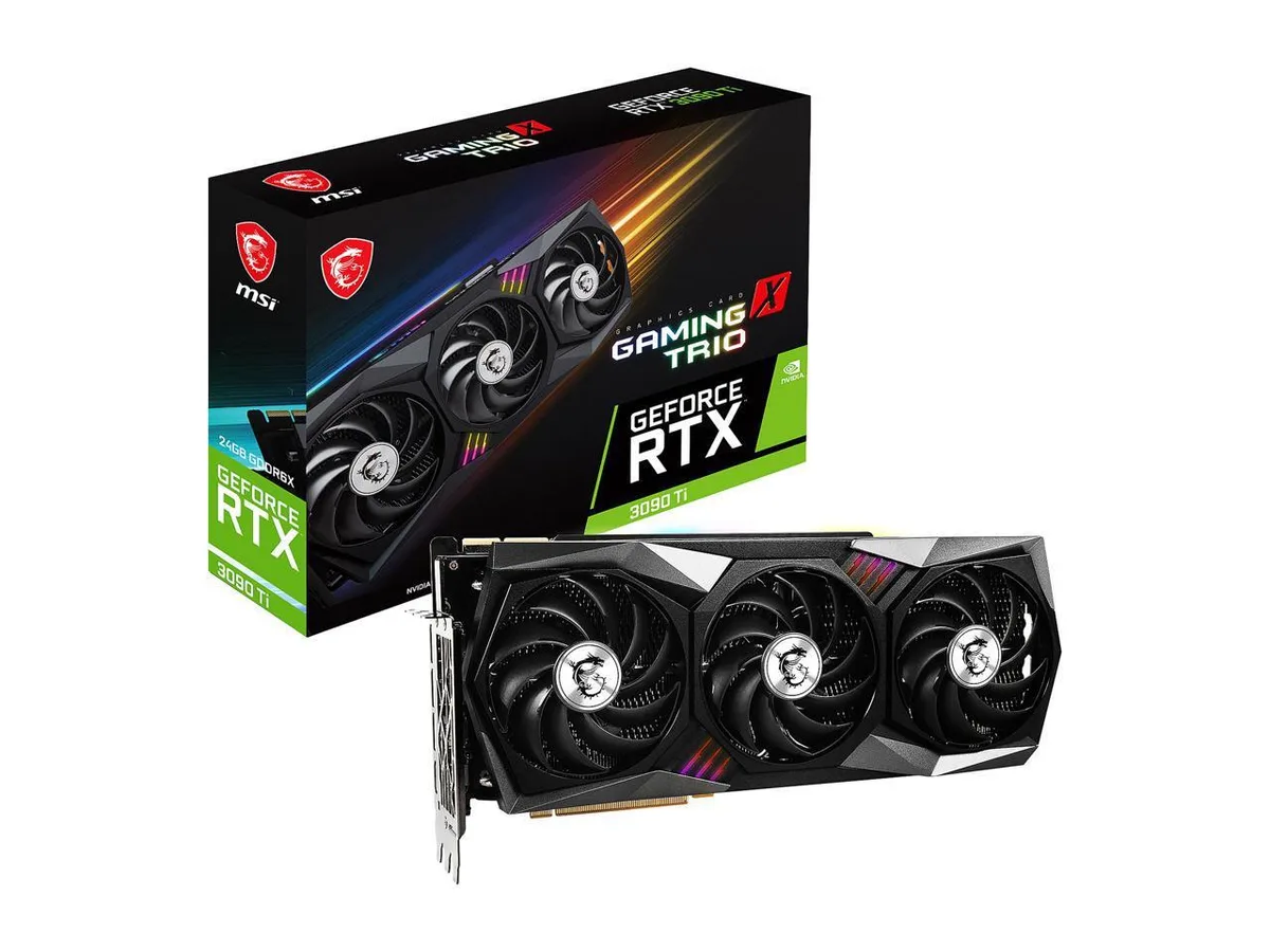 MSI GeForce RTX 3090 Ti triple-fan graphics card in black and silver finish