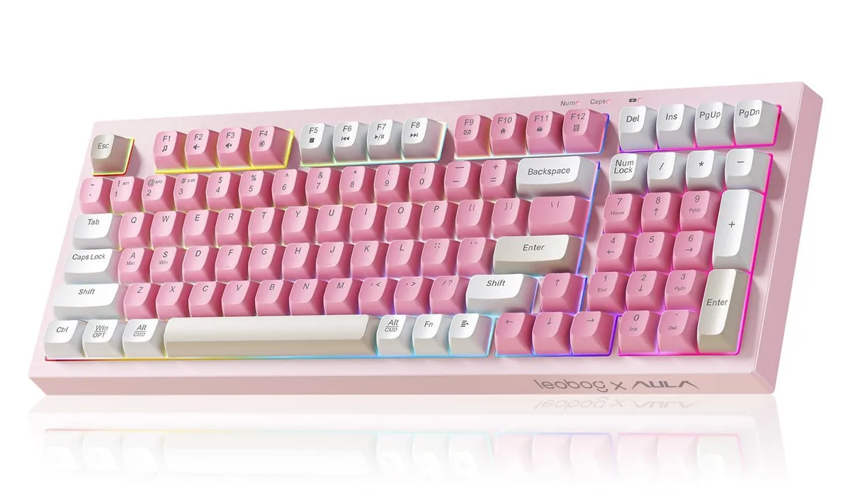 Pink full-size membrane keyboard with number pad, foldable kickstand, and RGB backlighting