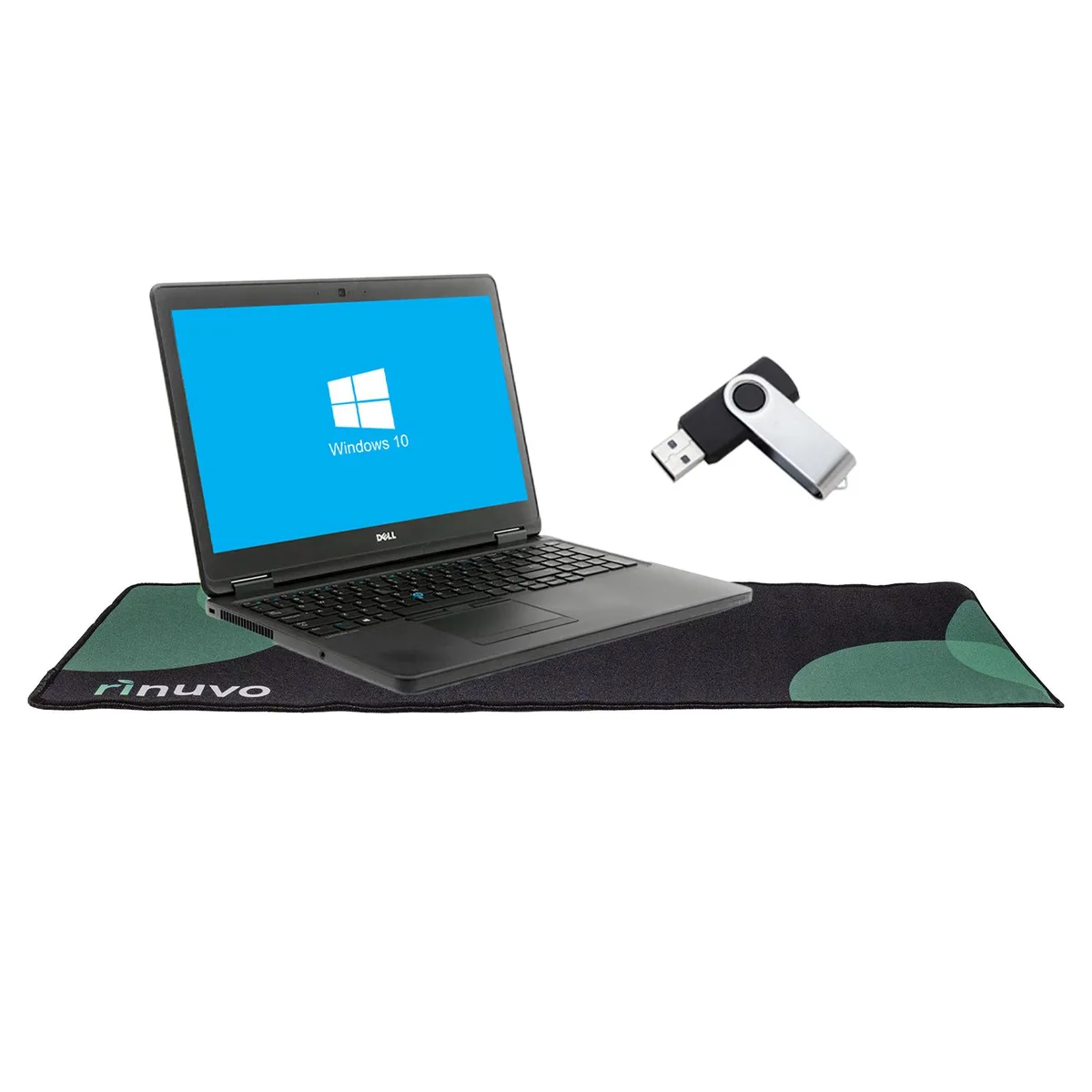 Black Dell Latitude E5550 laptop with 15.6 inch screen, deskmat and 16GB flash drive