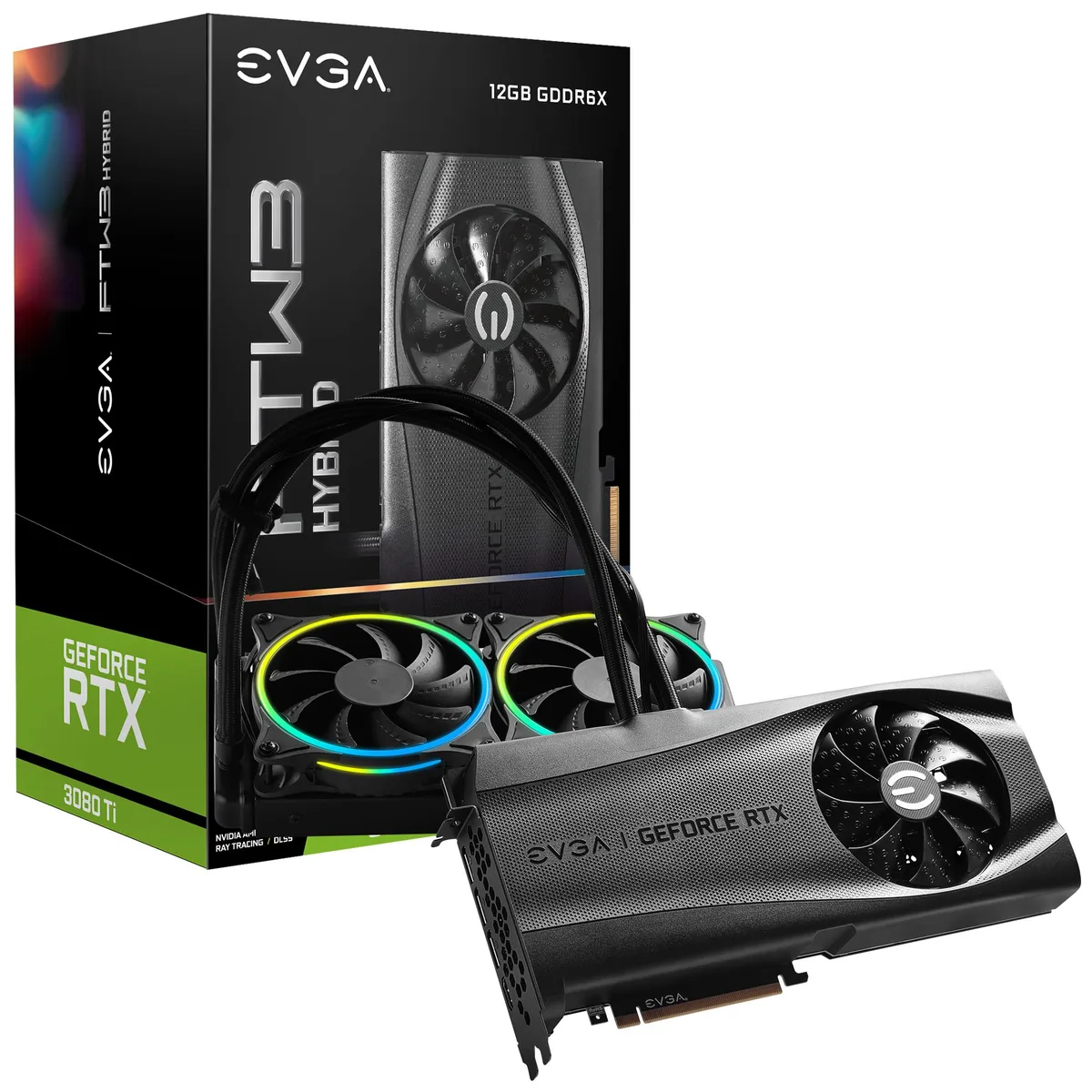 EVGA GeForce RTX 3080 Ti FTW3 Ultra Hybrid graphics card with 240 mm radiator and dual ARGB fans