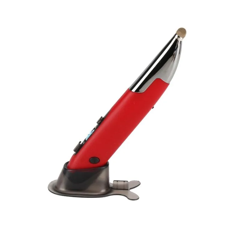 Red pen-shaped wireless mouse with glossy finish and charging base