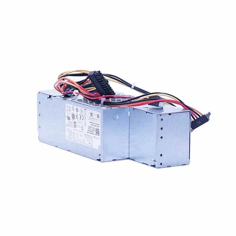 Compact silver metal power supply unit with rear fan grille and cable bundle