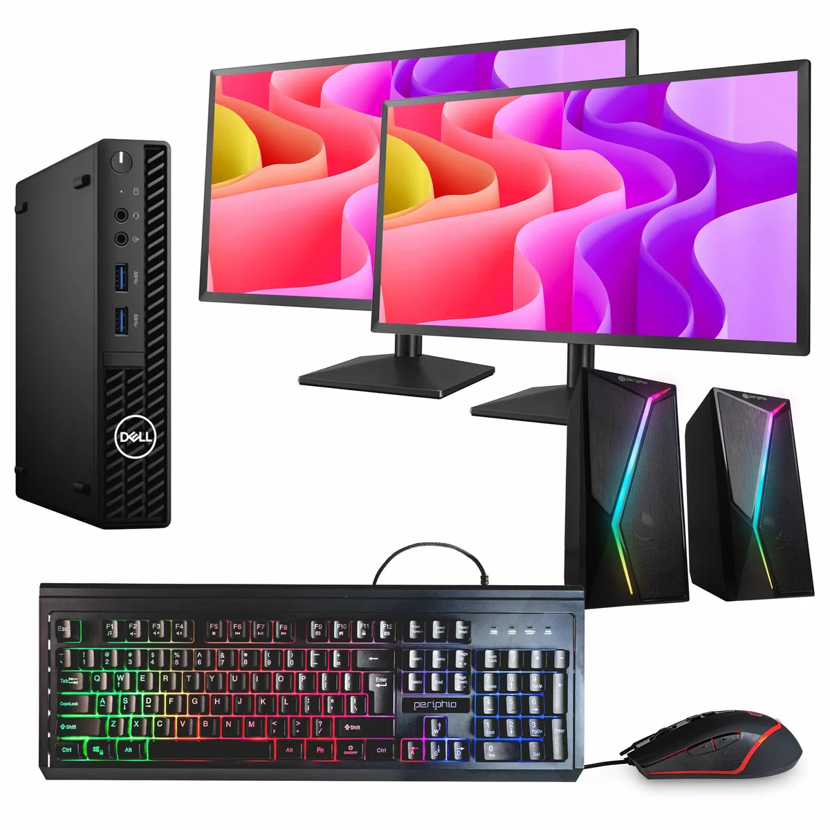 Black Dell OptiPlex 3090 Mini PC with dual 24 inch monitors, keyboard, mouse and RGB speakers