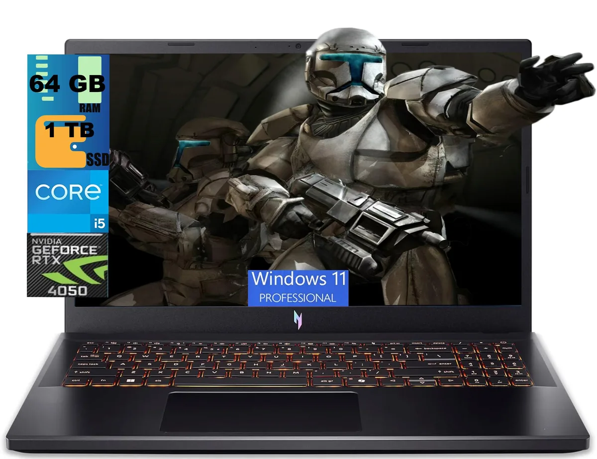 Black Acer Nitro V 15 gaming laptop, 15.6 inch matte screen, thin bezel, backlit keyboard visible