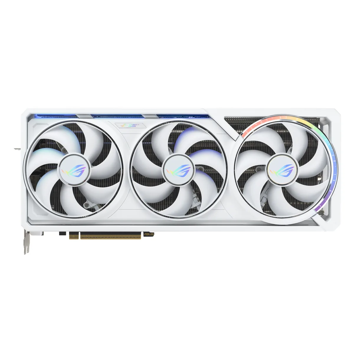 White triple-fan graphics card with silver accents and ROG branding