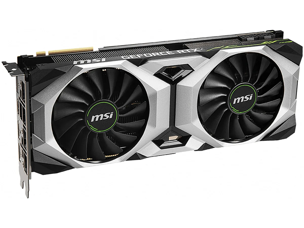 Black dual-fan graphics card with silver accents, full-length PCIe form factor