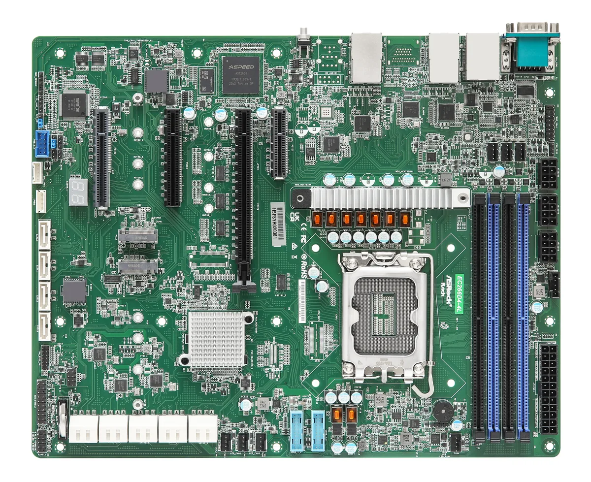 Green rectangular ATX server motherboard with silver LGA 1700 socket, four black DDR5 slots, four copper RJ45 ports