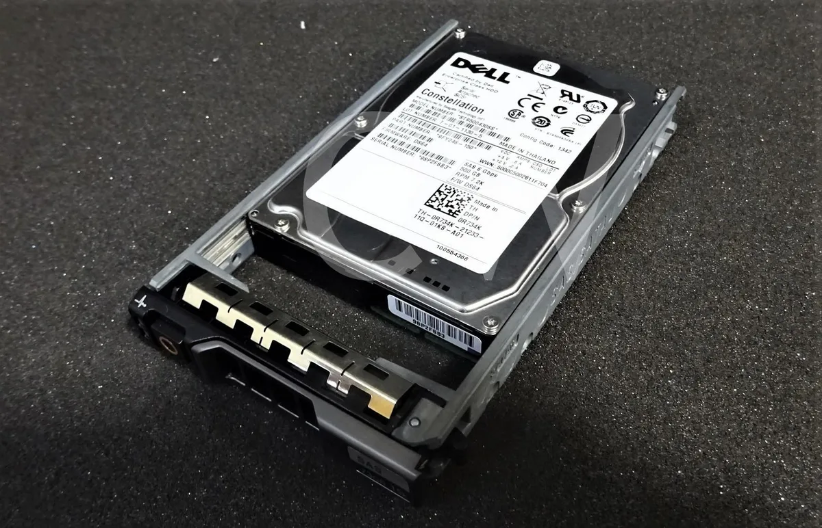Silver 2.5 inch SAS hard drive in black Dell caddy tray