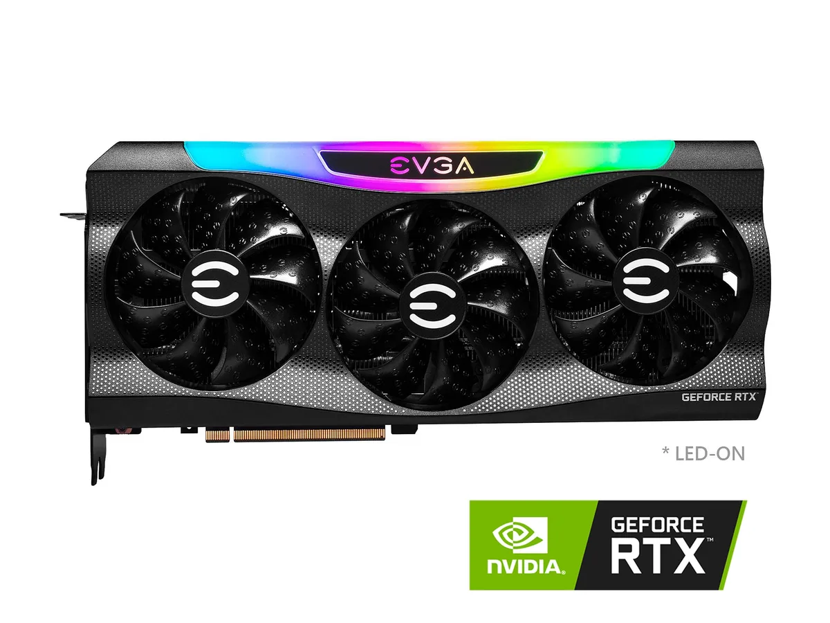 Black triple-fan graphics card with metal backplate and ARGB lighting