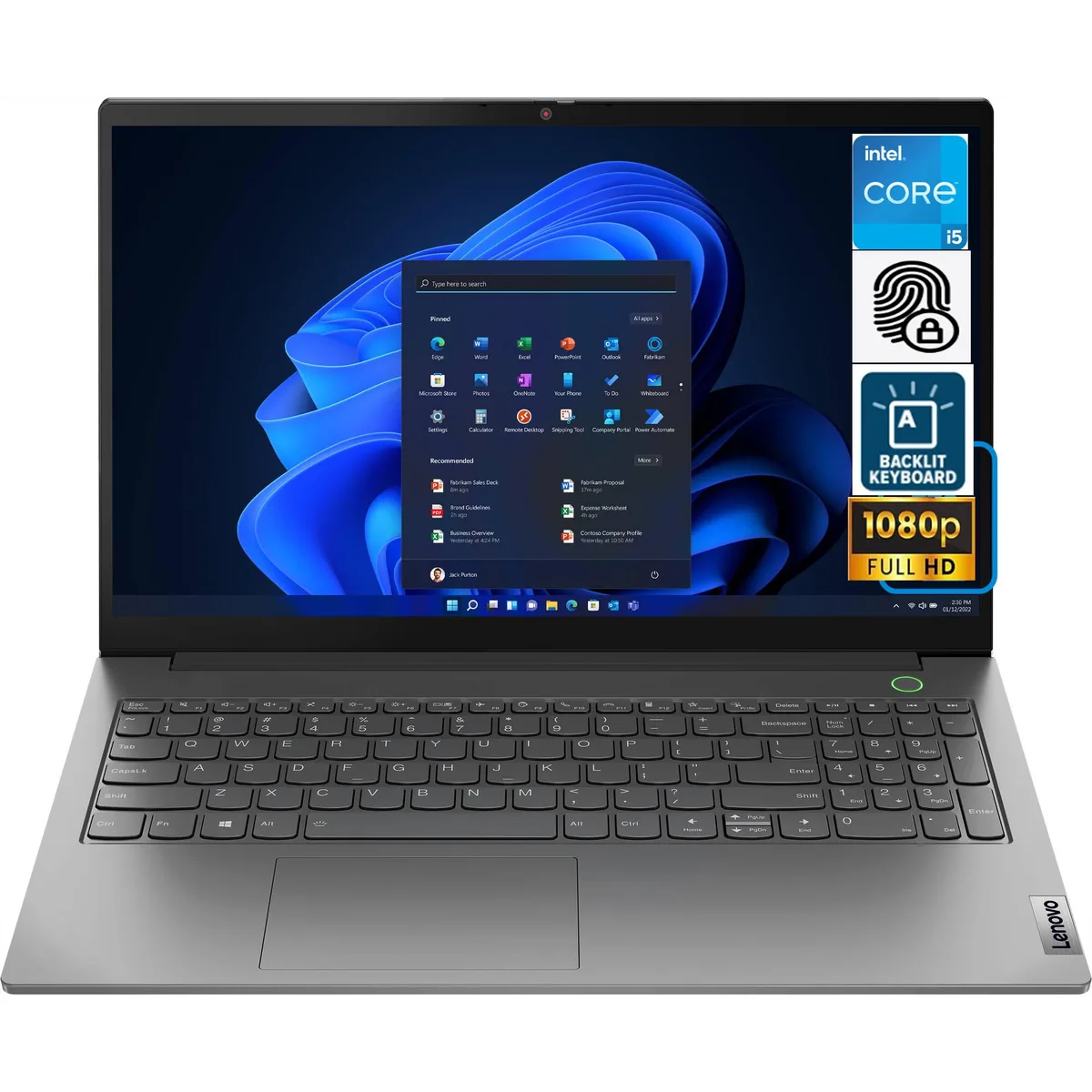 Grey 15.6 inch touchscreen laptop with backlit keyboard and fingerprint reader